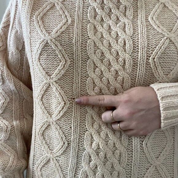 Vintage 1960s Womens Thane Cream Wool Fisherman Cable Knit Chunky Sweater Sz L - Picture 8 of 9